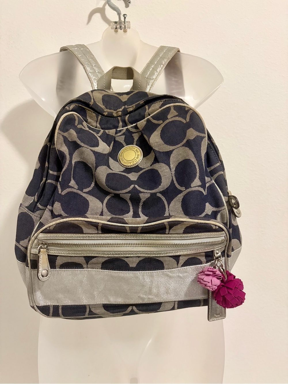 Coach Navy and Silver Signature Canvas Backpack with Pink Charm Accent